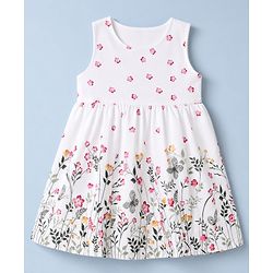 Babyhug Poplin Woven Frock and Full Sleeve Shrug with Floral Print - White & Pink
