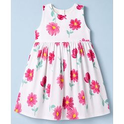 Babyhug Poplin Woven Frock and Full Sleeves Shrug with Floral Print - White & Dark Pink