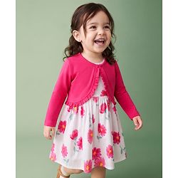 Babyhug Poplin Woven Frock and Full Sleeves Shrug with Floral Print - White & Dark Pink