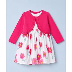 Babyhug Poplin Woven Frock and Full Sleeves Shrug with Floral Print - White & Dark Pink