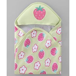 Babyhug Terry 100% Cotton Knit Hooded Towel With Embroidered Strawberry L 74.5 x B 77 cm - Light Green