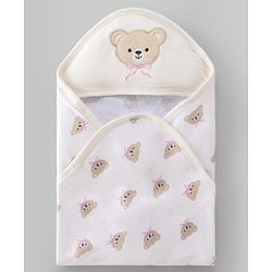 Babyhug Terry 100% Cotton Knit Hooded Towel With Embroidered Teddy Bear L 78 x B 74 cm - White