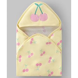 Babyhug Terry 100% Cotton Knit Hooded Towel With Embroidered Cherry L 79 x B 75 cm - Lemon