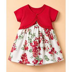 Babyhug Poplin Woven Sleeveless Frock with Jacket and Floral Print - White & Red