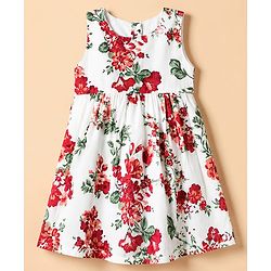 Babyhug Poplin Woven Sleeveless Frock with Jacket and Floral Print - White & Red