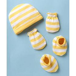 Babyhug 100% Cotton Interlock Knit Striped Cap Mittens & Booties Yellow - Diameter 9.5 cm