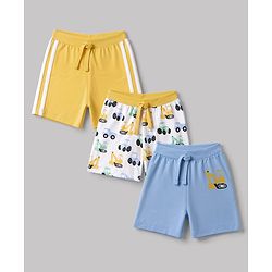 Babyhug 100% Cotton Single Jersey Cotton Knit Mid Thigh Shorts Set of 3 With Vehicle Print - Yellow, Blue & White