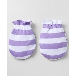 Babyhug 100% Cotton Interlock Knit Striped Cap, Mitten & Booties - Purple