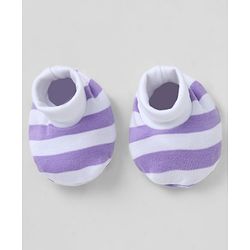 Babyhug 100% Cotton Interlock Knit Striped Cap, Mitten & Booties - Purple