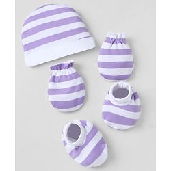 Babyhug 100% Cotton Interlock Knit Striped Cap, Mitten & Booties - Purple