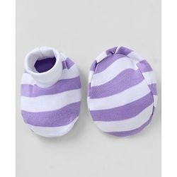 Babyhug 100% Cotton Interlock Knit Striped Cap, Mitten & Booties - Purple
