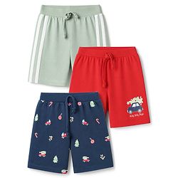 Babyhug 100% Cotton Single Jersey Cotton Knit Mid Thigh Shorts With Vehicle Print Pack of 3 - Blue, Green & Red