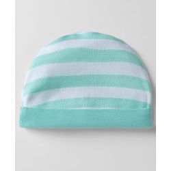Babyhug 100% Cotton Interlock Knit Striped Cap Mittens & Booties Aqua Blue - Diameter 16.5 cm