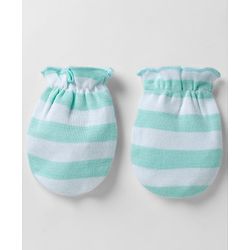 Babyhug 100% Cotton Interlock Knit Striped Cap Mittens & Booties Aqua Blue - Diameter 16.5 cm