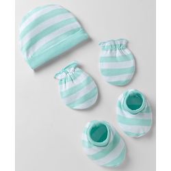 Babyhug 100% Cotton Interlock Knit Striped Cap Mittens & Booties Aqua Blue - Diameter 16.5 cm