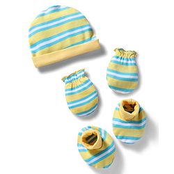 Babyhug 100% Cotton Interlock Knit Cap , Mittens & Booties with Stripes Olive Green - Diameter 16 cm