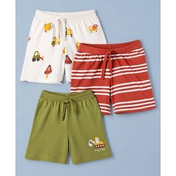 Babyhug 100% Cotton Single Jersey Knit Mid Thigh Shorts with Vehicles & Striped Print in Red Green & White Pack of 3