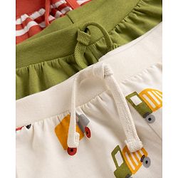 Babyhug 100% Cotton Single Jersey Knit Mid Thigh Shorts with Vehicles & Striped Print in Red Green & White Pack of 3