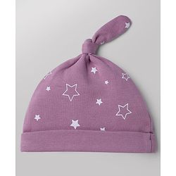 Babyhug 100% Cotton Interlock Knit Cap with Stars & Bear Print Pack of 2 Pink & White - Diameter 14 cm