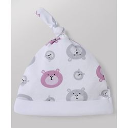 Babyhug 100% Cotton Interlock Knit Cap with Stars & Bear Print Pack of 2 Pink & White - Diameter 14 cm