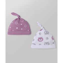 Babyhug 100% Cotton Interlock Knit Cap with Stars & Bear Print Pack of 2 Pink & White - Diameter 14 cm