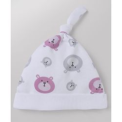 Babyhug 100% Cotton Interlock Knit Cap with Stars & Bear Print Pack of 2 Pink & White - Diameter 14 cm
