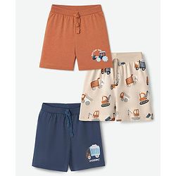 Babyhug 100% Cotton Knit Shorts With Vehicle & Text Print Pack of 3 - Blue, Coral & Cream