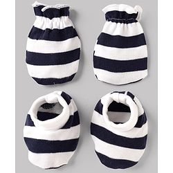 Babyhug 100% Cotton Interlock Knit Striped Mittens & Booties - White