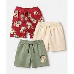 Babyhug Cotton Single Jersey Knit Mid Thigh Short with Lion Print Pack of 3 - Green Beige Maroon