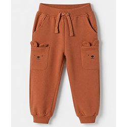 Babyhug Terry Knit Cotton Full Length Lounge Pants With Applique - Brown