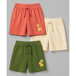 Babyhug 100% Cotton Single Jersey Knit Mid Thigh Shorts with Giraffe & Lion Print in Pack of 3 - Green Orange & Cream