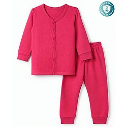 Babyhug Cotton Mix Knit Solid Vest & Pant Thermal Set with Front open Button in Fuchsia