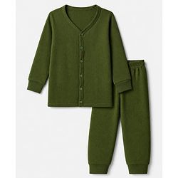 Babyhug Cotton Mix Knit Solid Vest & Pant Thermal Set with Front Open in Olive Green