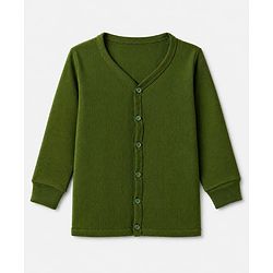 Babyhug Cotton Mix Knit Solid Vest & Pant Thermal Set with Front Open in Olive Green