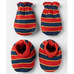 Babyhug 100% Cotton Interlock Knit Striped Mittens & Booties - Maroon