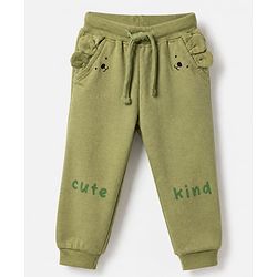 Babyhug Cotton Terry Jogger Fit Lounge Pant with Bear Face Print & Applique - Olive Green
