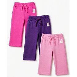 Babyhug Cotton Knit Jogger Fit Full Length Lounge Pants with Flower Patch Pack of 3 in Fuchsia