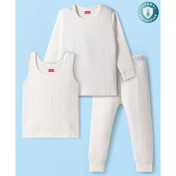 Babyhug Cotton Mix Knit 3 Piece Solid Pullover, Vest & Pants Thermal Set - Offwhite