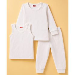 Babyhug Cotton Mix Knit 3 Piece Solid Pullover, Vest & Pants Thermal Set - Offwhite