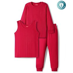 Babyhug Cotton Mix Knit 3 Piece Solid Pullover, Vest & Pant Thermal Set - Red