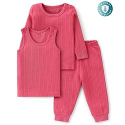 Babyhug Cotton Mix Knit 3 Piece Solid Pullover, Vest & Pant Thermal Set - Coral