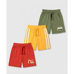 Babyhug Cotton Single Jersey Mid Thigh Shorts With Vehicle Print Pack of 3 Red Yellow Green