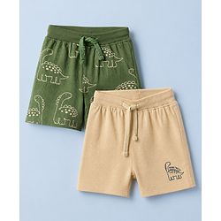 Babyhug Cotton Knit Shorts with Dinosaur Print Pack of 2 in Green Beige Color