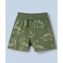 Babyhug Cotton Knit Shorts with Dinosaur Print Pack of 2 in Green Beige Color
