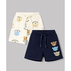 Babyhug 100% Cotton Jersey Knit Shorts With Bear & Text Print Pack of 2 - Cream & Navy Blue