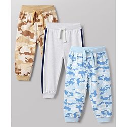 Babyhug Cotton Jersey Knit Camouflage Printed Lounge Pant Pack of 3 - Blue Grey Yellow