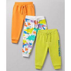 Babyhug Cotton Knit Jogger Fit Full Length Lounge Pant With Text & Dino Print Pack of 3 in Orange White
