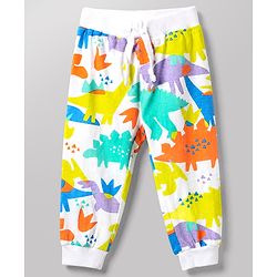 Babyhug Cotton Knit Jogger Fit Full Length Lounge Pant With Text & Dino Print Pack of 3 in Orange White
