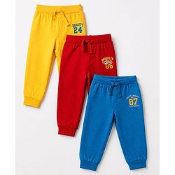 Babyhug Cotton Knit Jogger Fit Full Length Lounge Pant with Text Print Pack of 3 - Blue Yellow Red