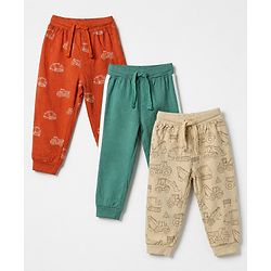 Babyhug Cotton Jersey Knit Full Length Lounge Pants with Jogger Fit and Construction Vehicles Print Pack of 3 in Blue Red & Off white